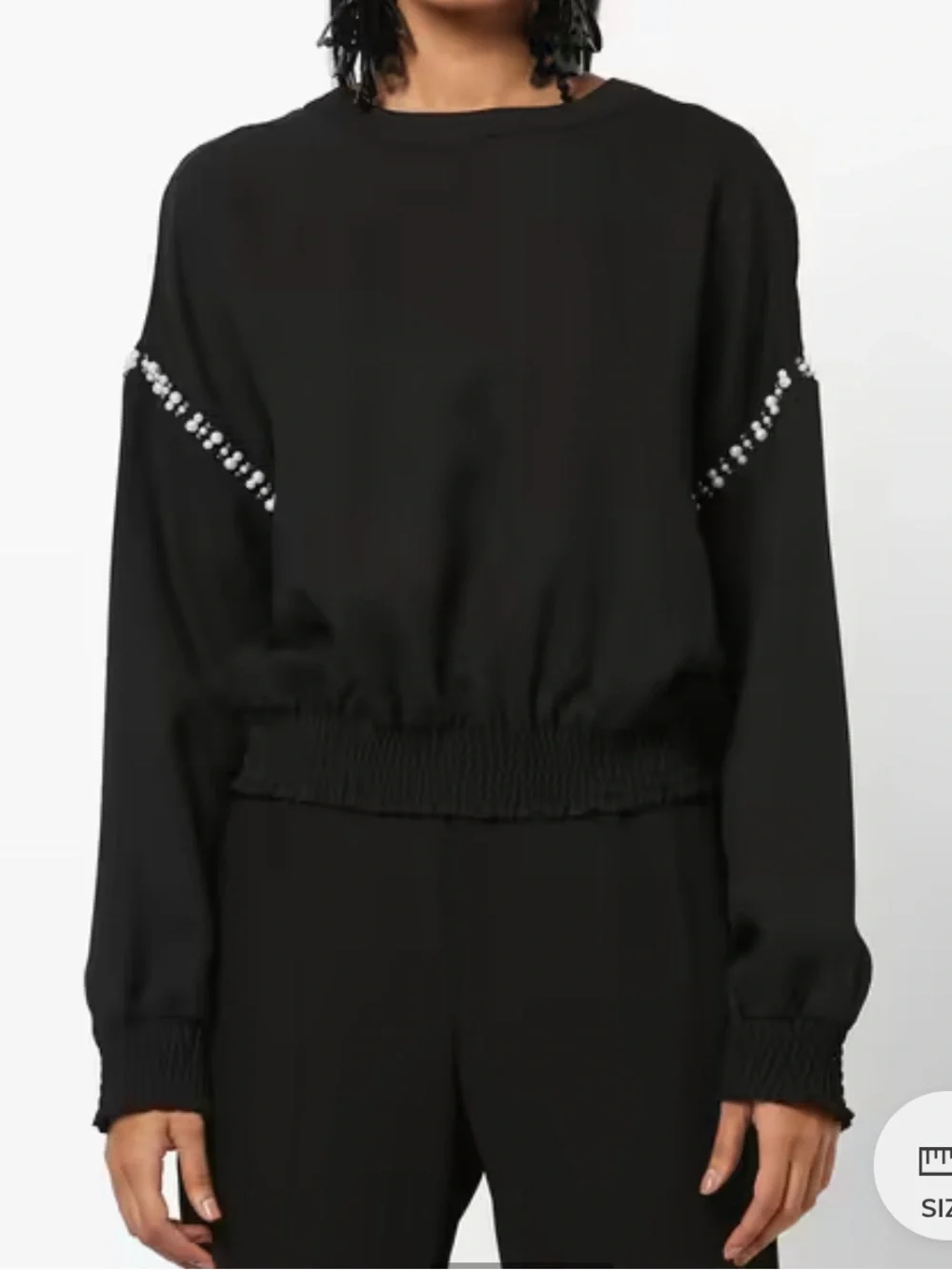 Zara Black Long-Sleeve Blouse with Pearl-Embellished Sleeves